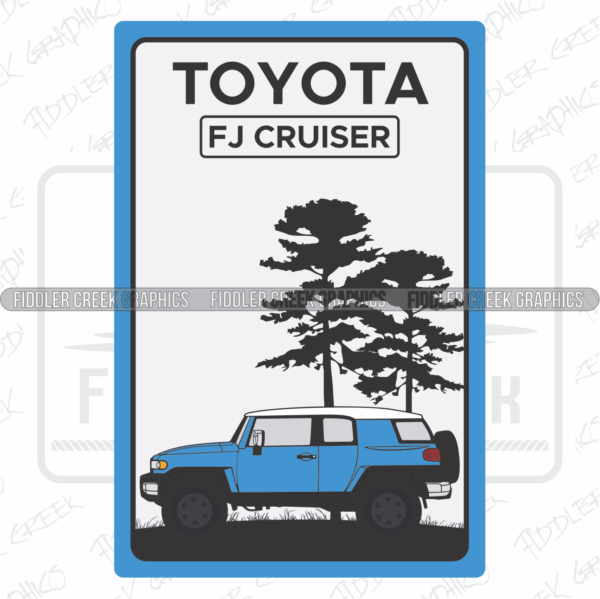 Vudoo Blue FJ Cruiser 12x18" Black Wheels No Roof Rails Pines Background
